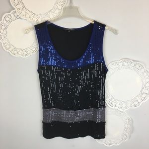 Sequin Top M Tank Blue Black Date Night Striped